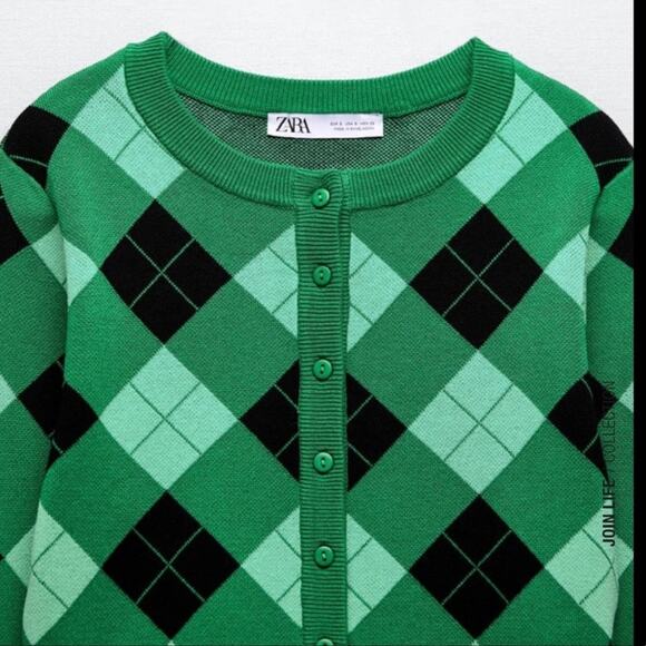 Zara Green Argyle Knit Cardigan Bloggers Favorite Size Medium - Picture 4 of 6